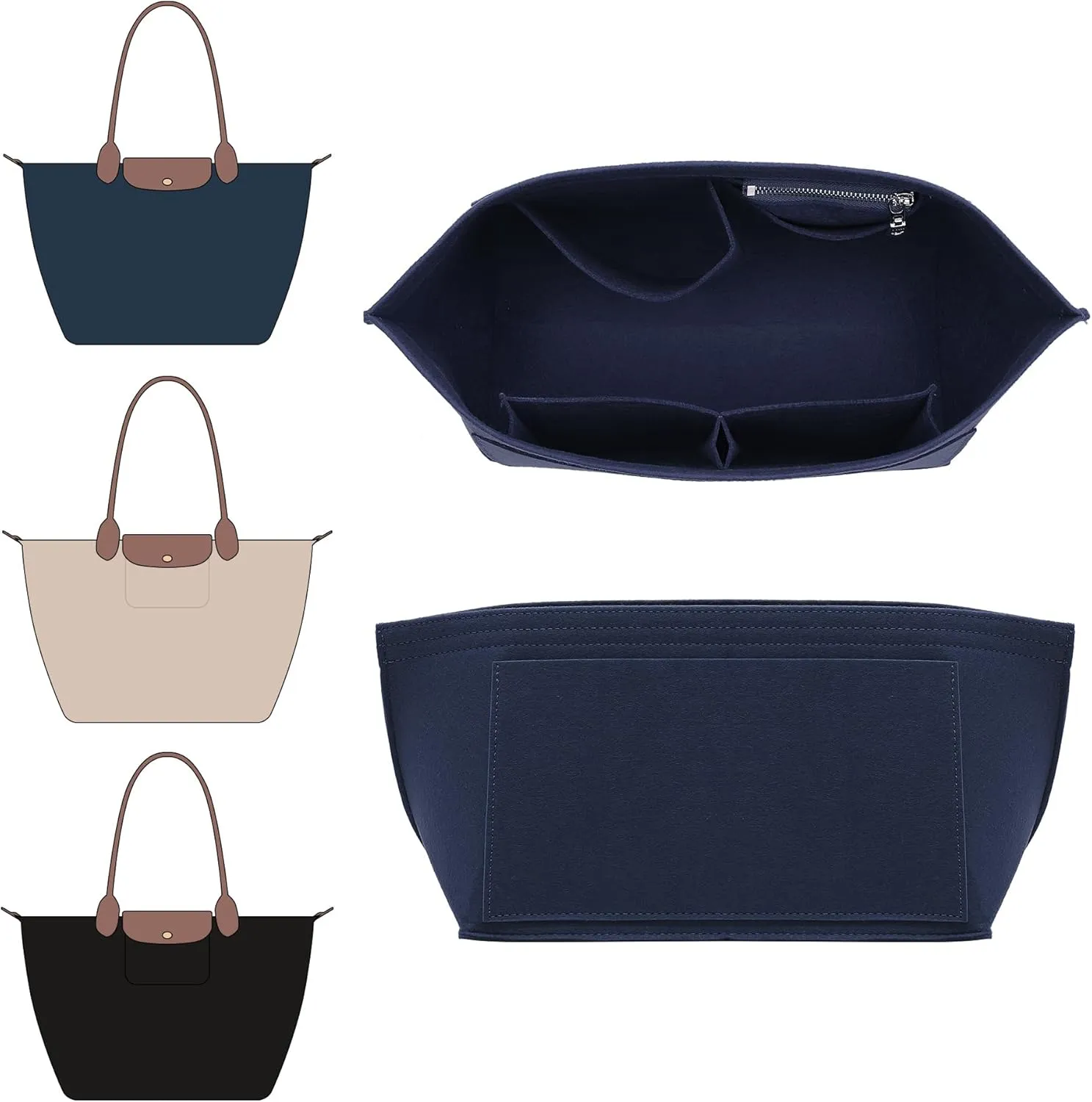 Doxo Purse Organizer Insert Compatible with Longchamp Le Pliage Large and More, Bag Organizer Insert with Cup Holder, 8 Compartments(Dark Blue,M)