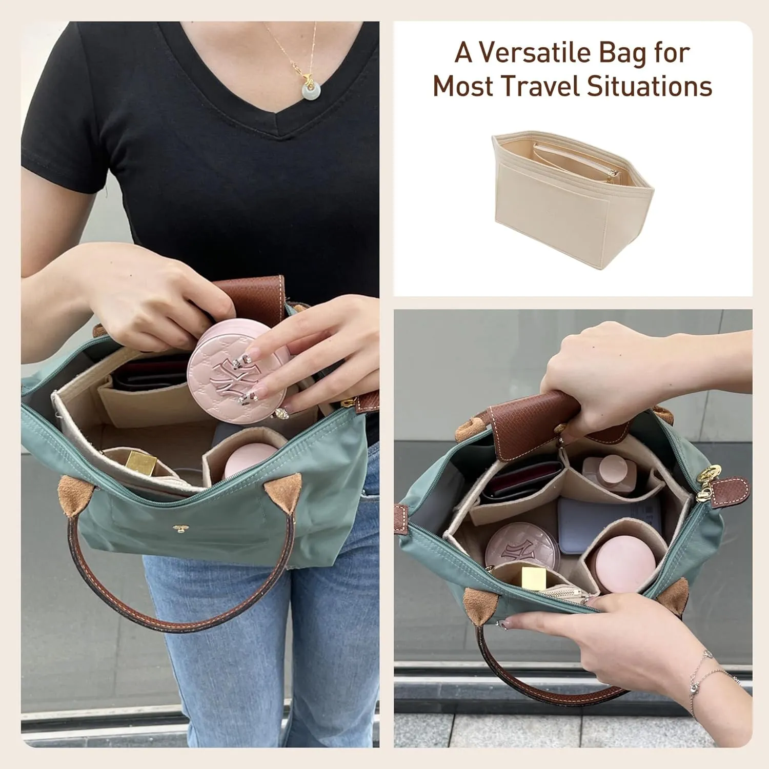 Doxo Purse Organizer Insert Compatible with Longchamp Le Pliage Large and More, Bag Organizer Insert with Cup Holder, 8 Compartments(Dark Blue,M)