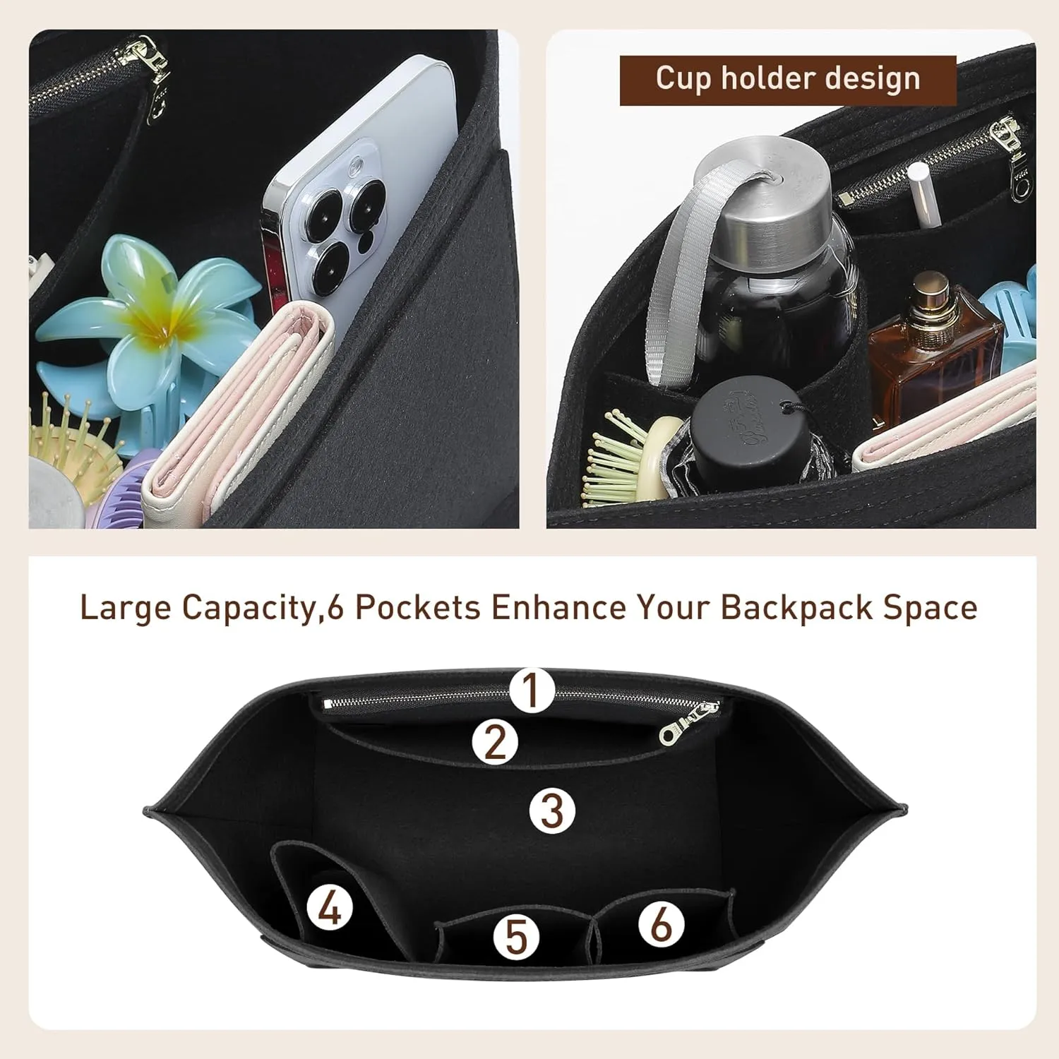 Doxo Purse Organizer Insert Compatible with Longchamp Le Pliage Large and More, Bag Organizer Insert with Cup Holder, 8 Compartments(Dark Blue,M)