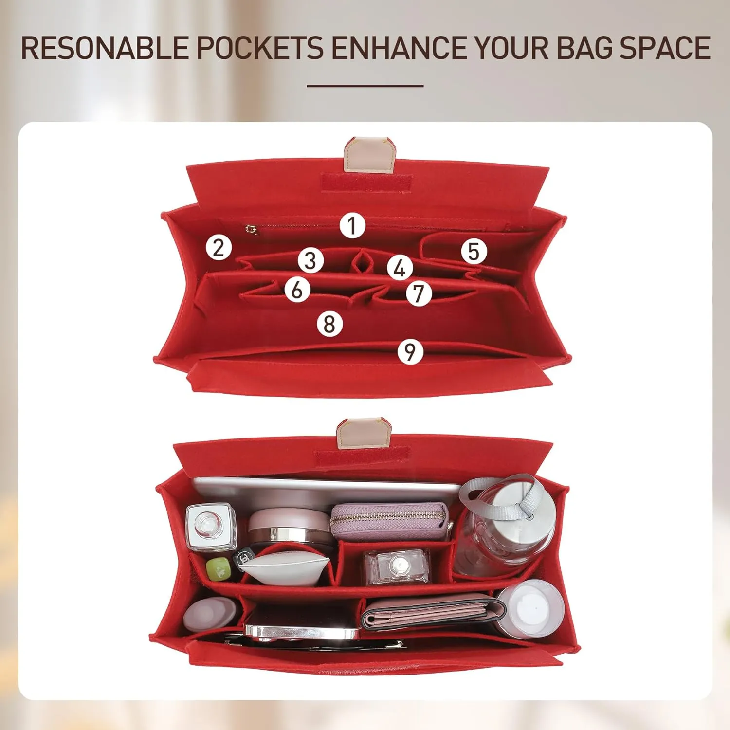Doxo Purse Organizer Insert, Felt Bag Organizer with Zipper, Suitable for Lv Onthego GM & D Book Tote Bag Large and More (Red Cover, XL-GM)