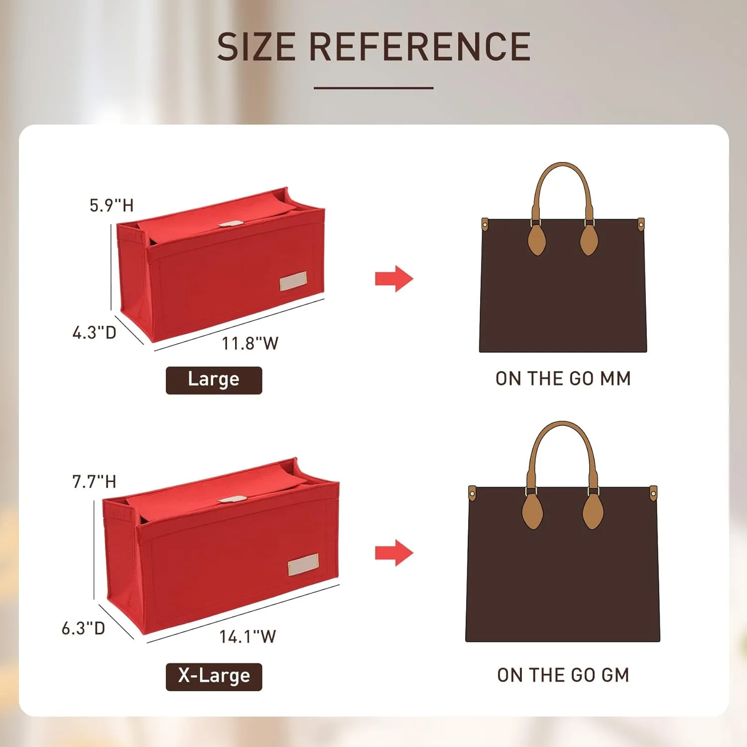 Doxo Purse Organizer Insert, Felt Bag Organizer with Zipper, Suitable for Lv Onthego GM & D Book Tote Bag Large and More (Red Cover, XL-GM)