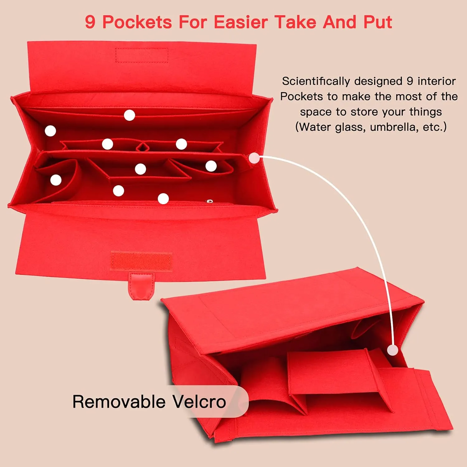 Doxo Purse Organizer Insert, Felt Bag Organizer with Zipper, Suitable for Lv Onthego GM & D Book Tote Bag Large and More (Red Cover, XL-GM)