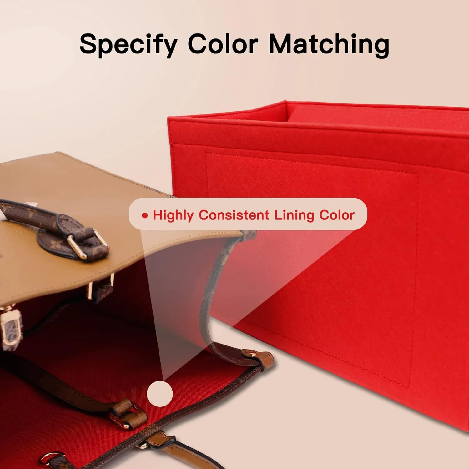 Doxo Purse Organizer Insert, Felt Bag Organizer with Zipper, Suitable for Lv Onthego GM & D Book Tote Bag Large and More (Red Cover, XL-GM)
