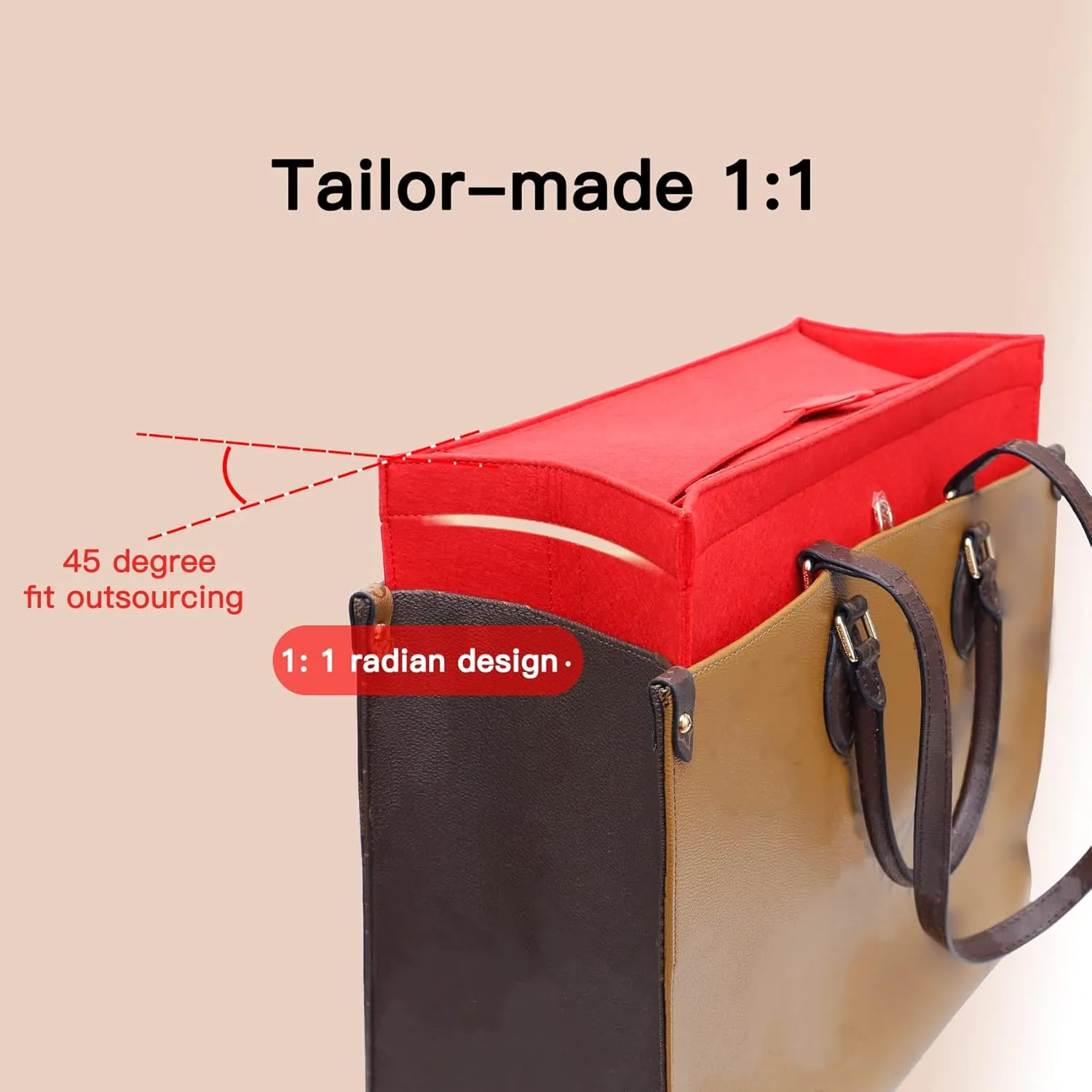 Doxo Purse Organizer Insert, Felt Bag Organizer with Zipper, Suitable for Lv Onthego GM & D Book Tote Bag Large and More (Red Cover, XL-GM)