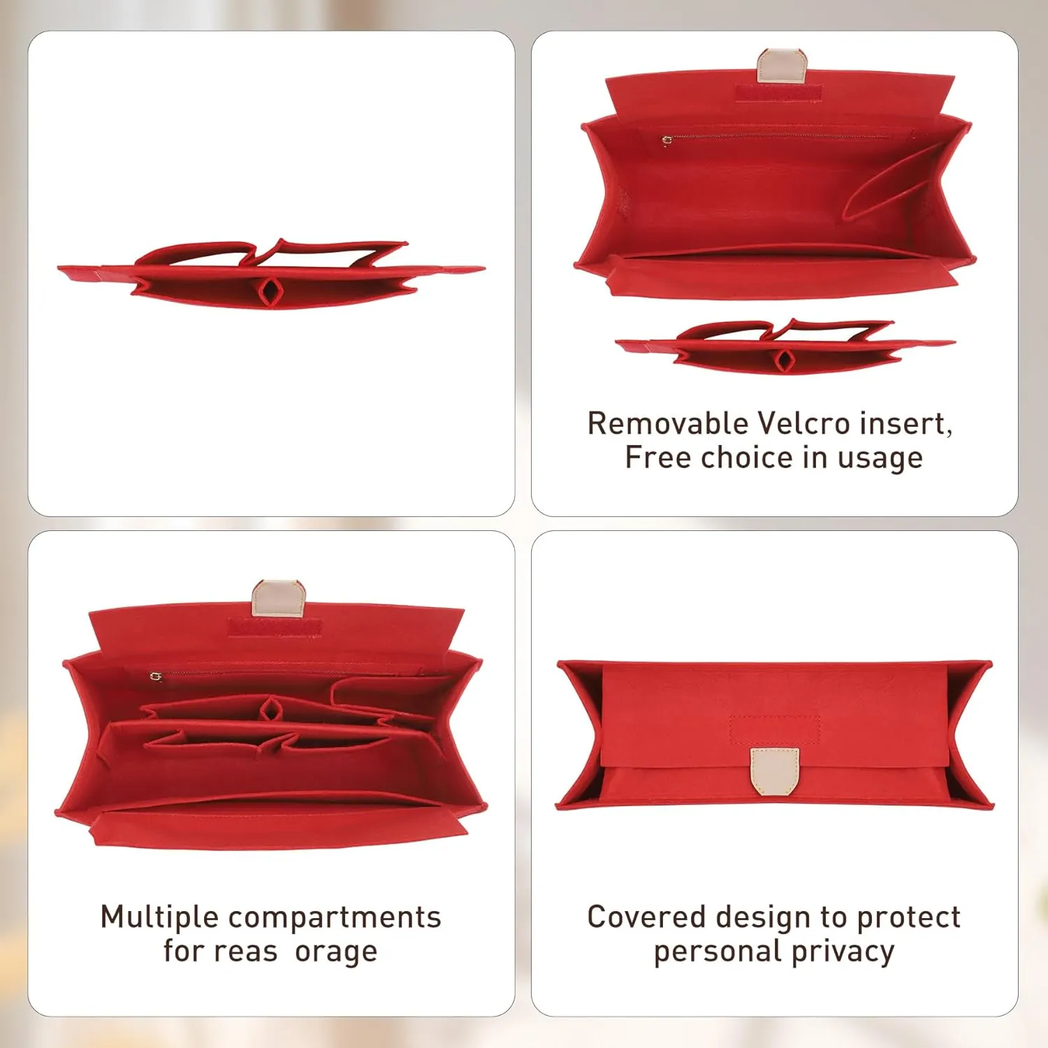 Doxo Purse Organizer Insert, Felt Bag Organizer with Zipper, Suitable for Lv Onthego GM & D Book Tote Bag Large and More (Red Cover, XL-GM)