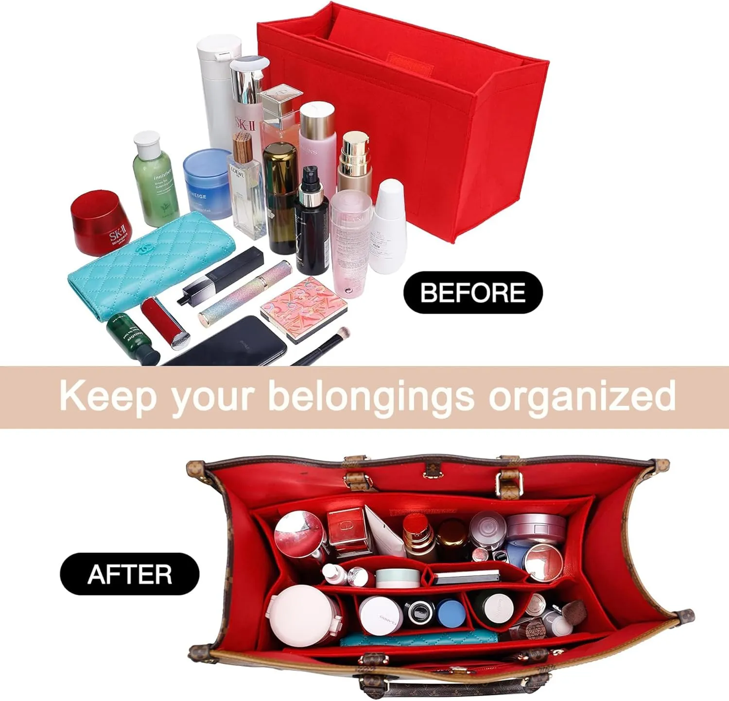 Doxo Purse Organizer Insert, Felt Bag Organizer with Zipper, Suitable for Lv Onthego GM & D Book Tote Bag Large and More (Red Cover, XL-GM)
