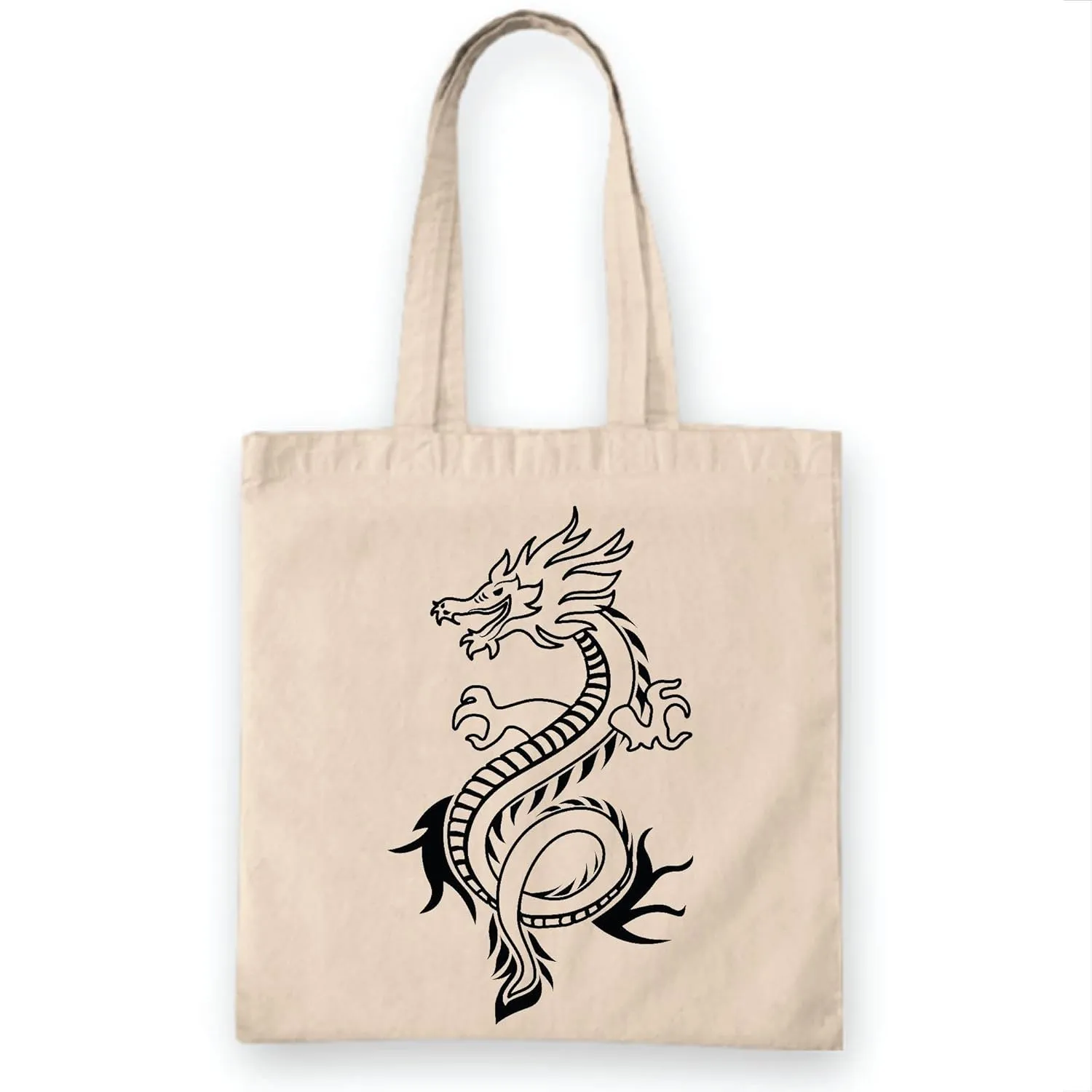 Dragon Stroke Gift Illustration in Stroke Style for Art Lovers Natural White Multicolor Canvas Tote Bag