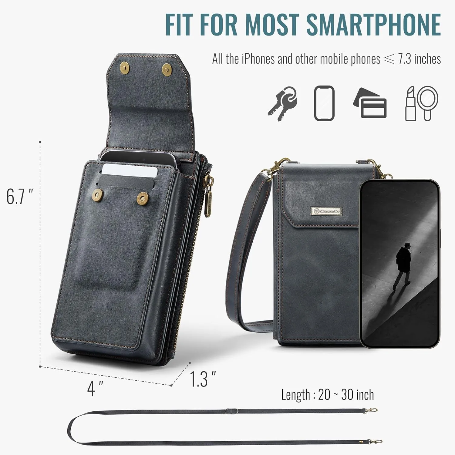Dteck PU Leather Cell Phone Bag with Shoulder Strap and Wrist Strap Lanyard, 10 Card Slots, RFID Blocking, Zipper Pocket, Lightweight Small Crossbody Bag Purse with Flip Wallet for Women Men, Black