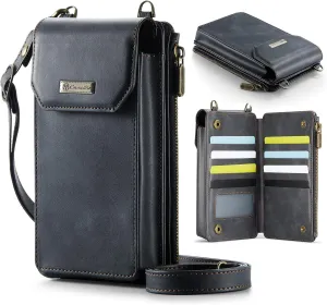 Dteck PU Leather Cell Phone Bag with Shoulder Strap and Wrist Strap Lanyard, 10 Card Slots, RFID Blocking, Zipper Pocket, Lightweight Small Crossbody Bag Purse with Flip Wallet for Women Men, Black