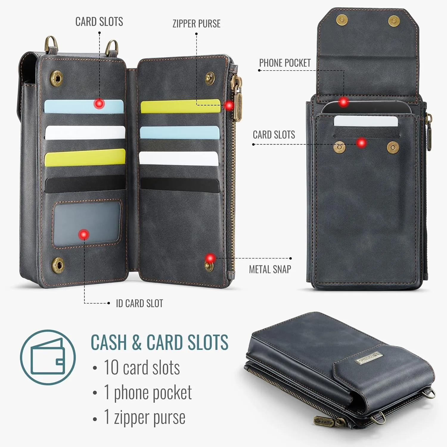 Dteck PU Leather Cell Phone Bag with Shoulder Strap and Wrist Strap Lanyard, 10 Card Slots, RFID Blocking, Zipper Pocket, Lightweight Small Crossbody Bag Purse with Flip Wallet for Women Men, Black
