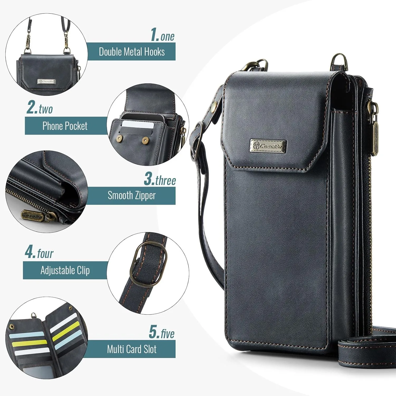 Dteck PU Leather Cell Phone Bag with Shoulder Strap and Wrist Strap Lanyard, 10 Card Slots, RFID Blocking, Zipper Pocket, Lightweight Small Crossbody Bag Purse with Flip Wallet for Women Men, Black
