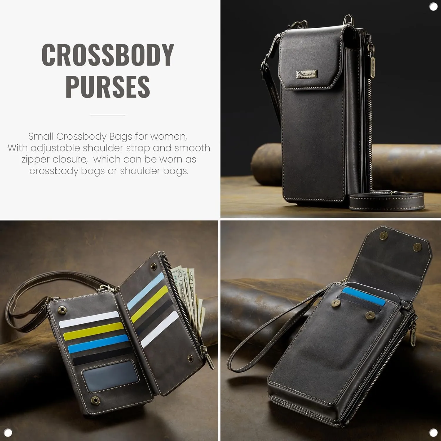 Dteck PU Leather Cell Phone Bag with Shoulder Strap and Wrist Strap Lanyard, 10 Card Slots, RFID Blocking, Zipper Pocket, Lightweight Small Crossbody Bag Purse with Flip Wallet for Women Men, Black