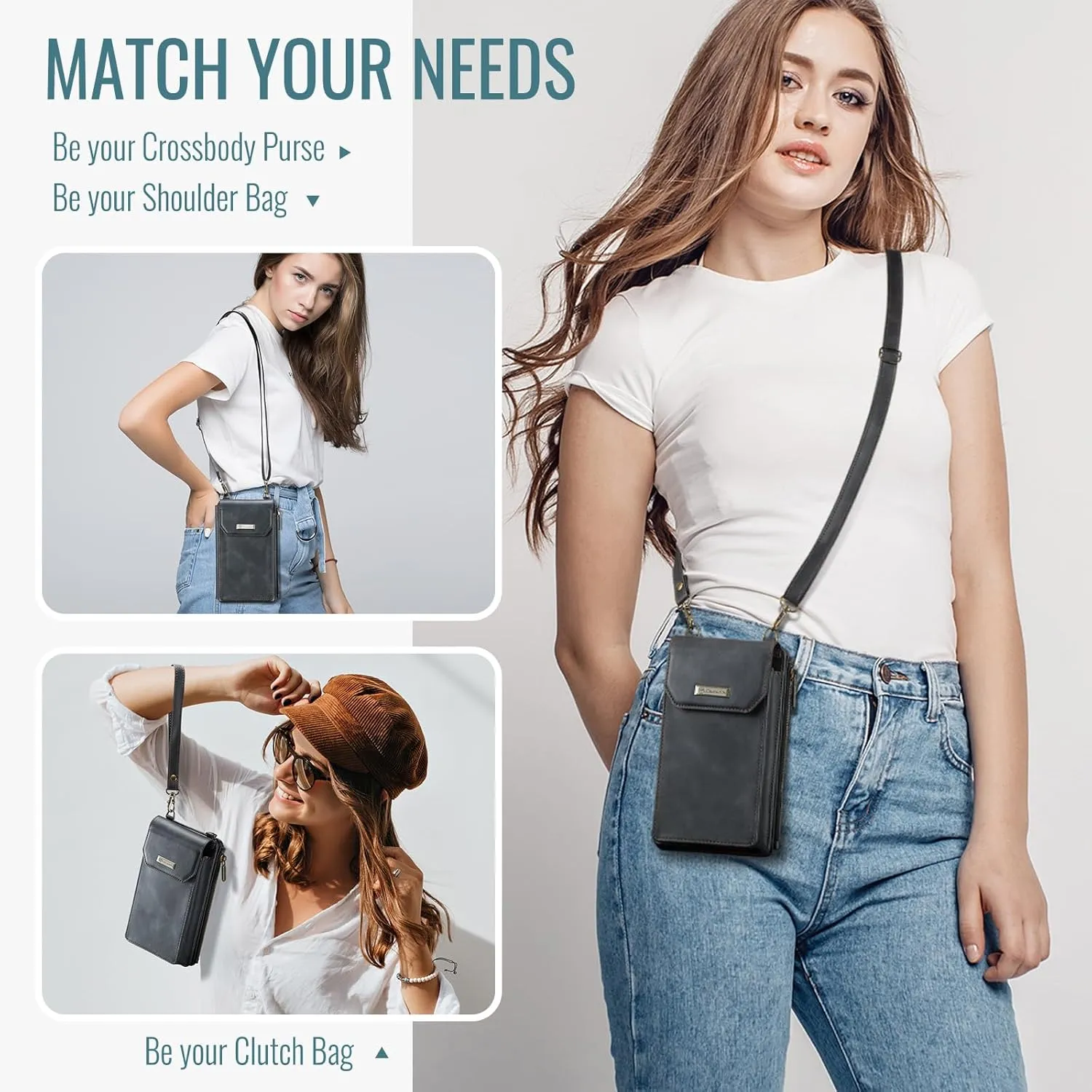 Dteck PU Leather Cell Phone Bag with Shoulder Strap and Wrist Strap Lanyard, 10 Card Slots, RFID Blocking, Zipper Pocket, Lightweight Small Crossbody Bag Purse with Flip Wallet for Women Men, Black