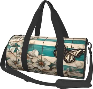 Duffel Bag for Gym Travel Storage Luggage Bag Retro Butterfly Teal Wooden Flower Sport Duffle Bag With Zipper Weekender Bag
