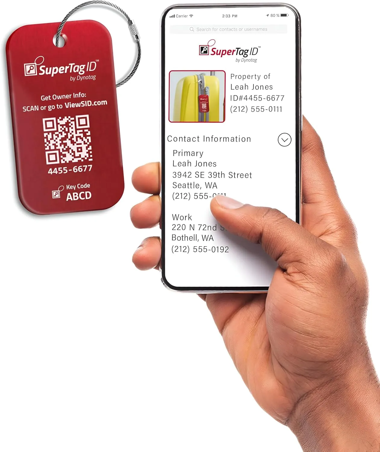 Dynotag® Sentry Series Solid Metal Web Enabled Smart Luggage Tag ID   Steel Loop, Anodized Aluminum with DynoIQ™ & Lifetime Recovery Service (Ruby Red)