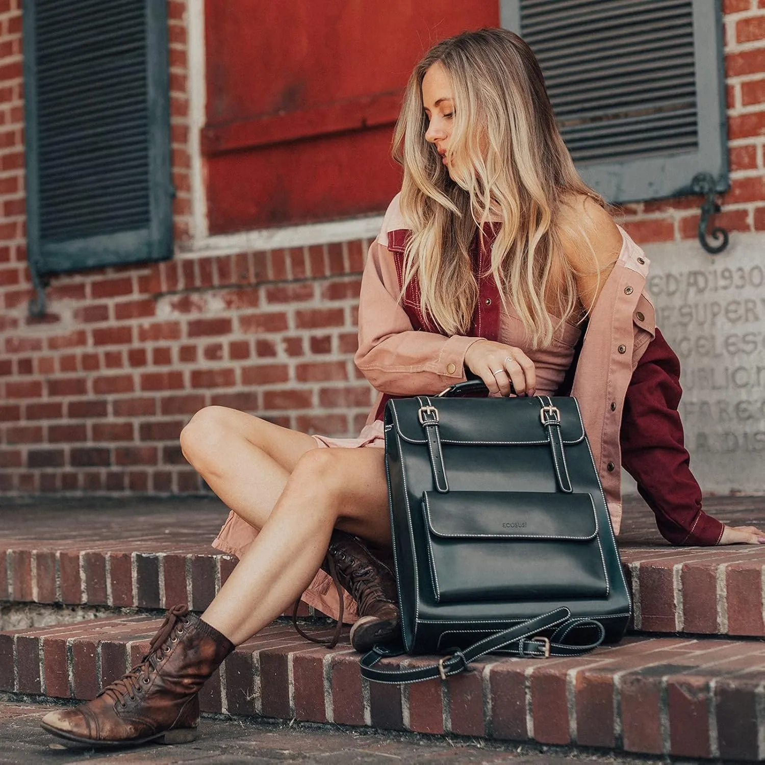 ECOSUSI Laptop Backpack for Women PU Leather Backpack Vintage for Laptop 15.6 inches Computer Bag College Bookbag