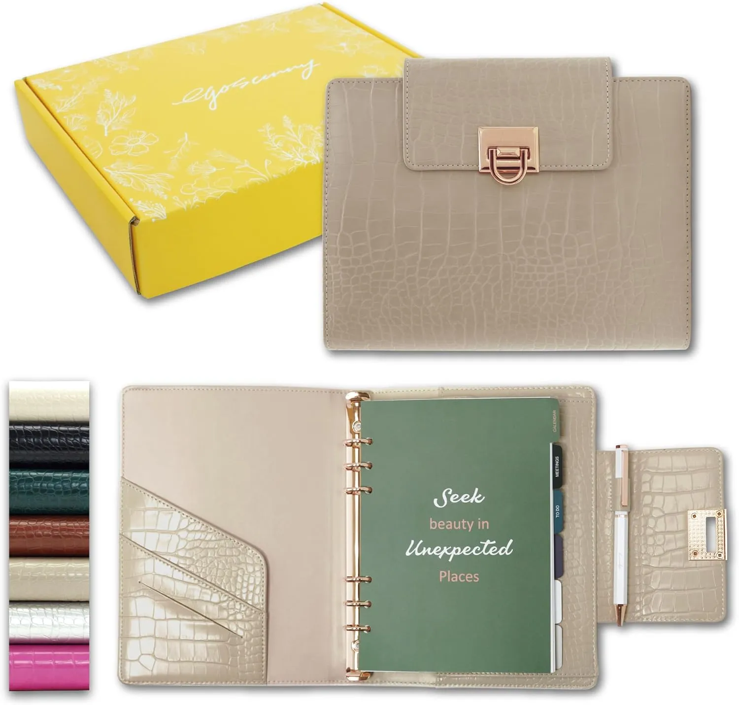 EGOSUNNY Luxury 5.8" x 8.3" Crocodile-Textured Leather A5 Undated Planner Cover with 80 Sheets, Dividers, Metal Ballpoint Pen, Refillable 6-Ring Journal, Birthday and Mother's Day Gift