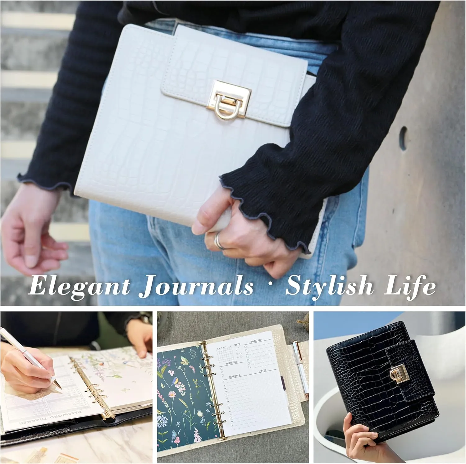 EGOSUNNY Luxury 5.8" x 8.3" Crocodile-Textured Leather A5 Undated Planner Cover with 80 Sheets, Dividers, Metal Ballpoint Pen, Refillable 6-Ring Journal, Birthday and Mother's Day Gift