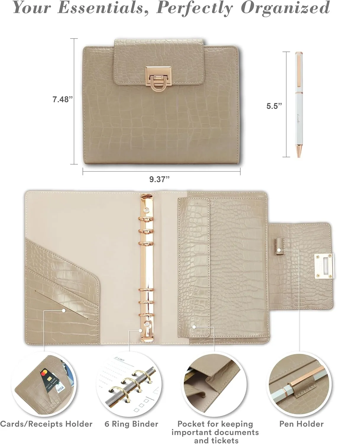 EGOSUNNY Luxury 5.8" x 8.3" Crocodile-Textured Leather A5 Undated Planner Cover with 80 Sheets, Dividers, Metal Ballpoint Pen, Refillable 6-Ring Journal, Birthday and Mother's Day Gift