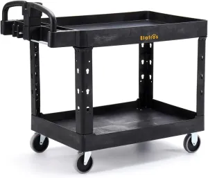 ELAFROS Extra Large Heavy Duty Plastic Utility Work Cart 43.5 x 24.6 Inch – 2 Tier Work Cart with Deep Tub Shelves, Ergonomic Handle, 5 Inch Casters, 550 lbs Capacity, Black