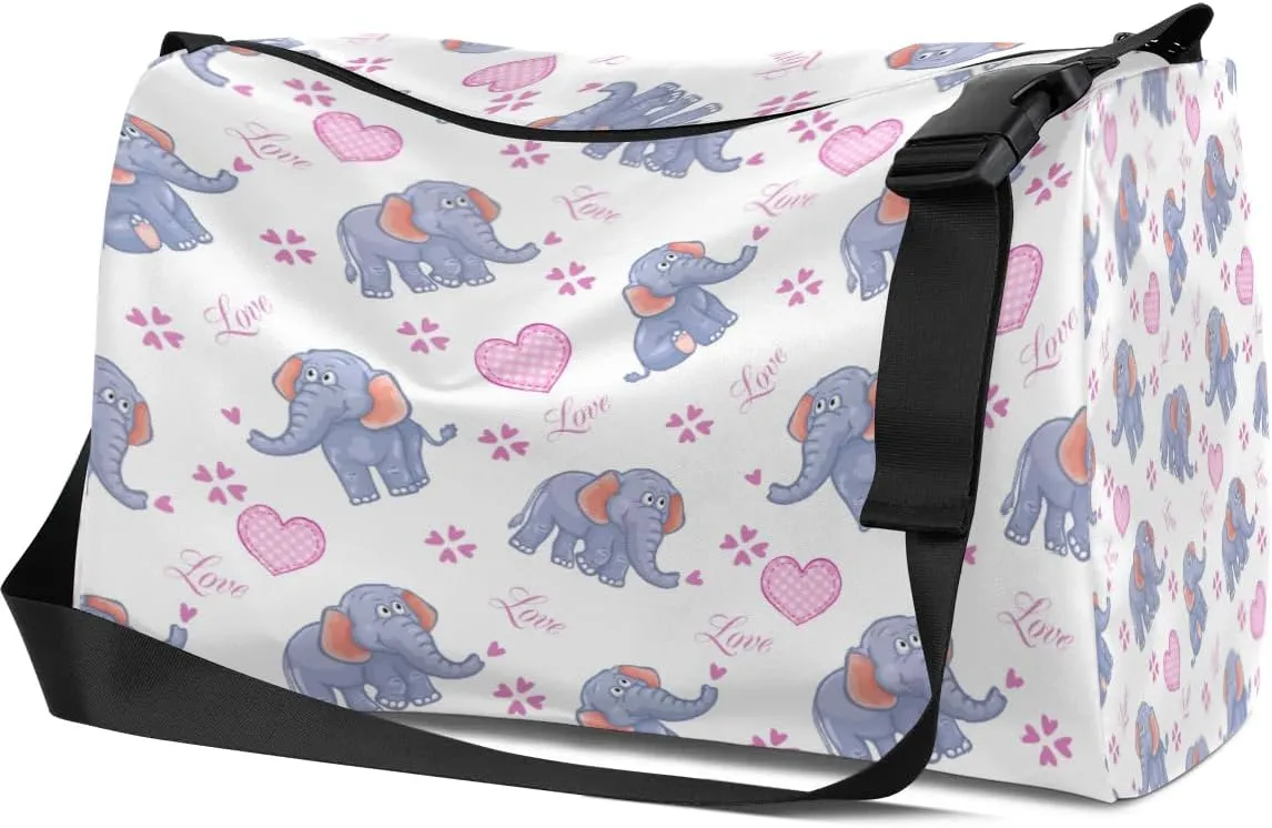 Elephant Love Heart Small Gym Bag for Men Women Workout Sport Duffle Bag Waterproof Weekender Overnight Bag Lightweight Carry on Tote Bag Crossbody Shoulder Travel Bag for Swim Yoge Dance