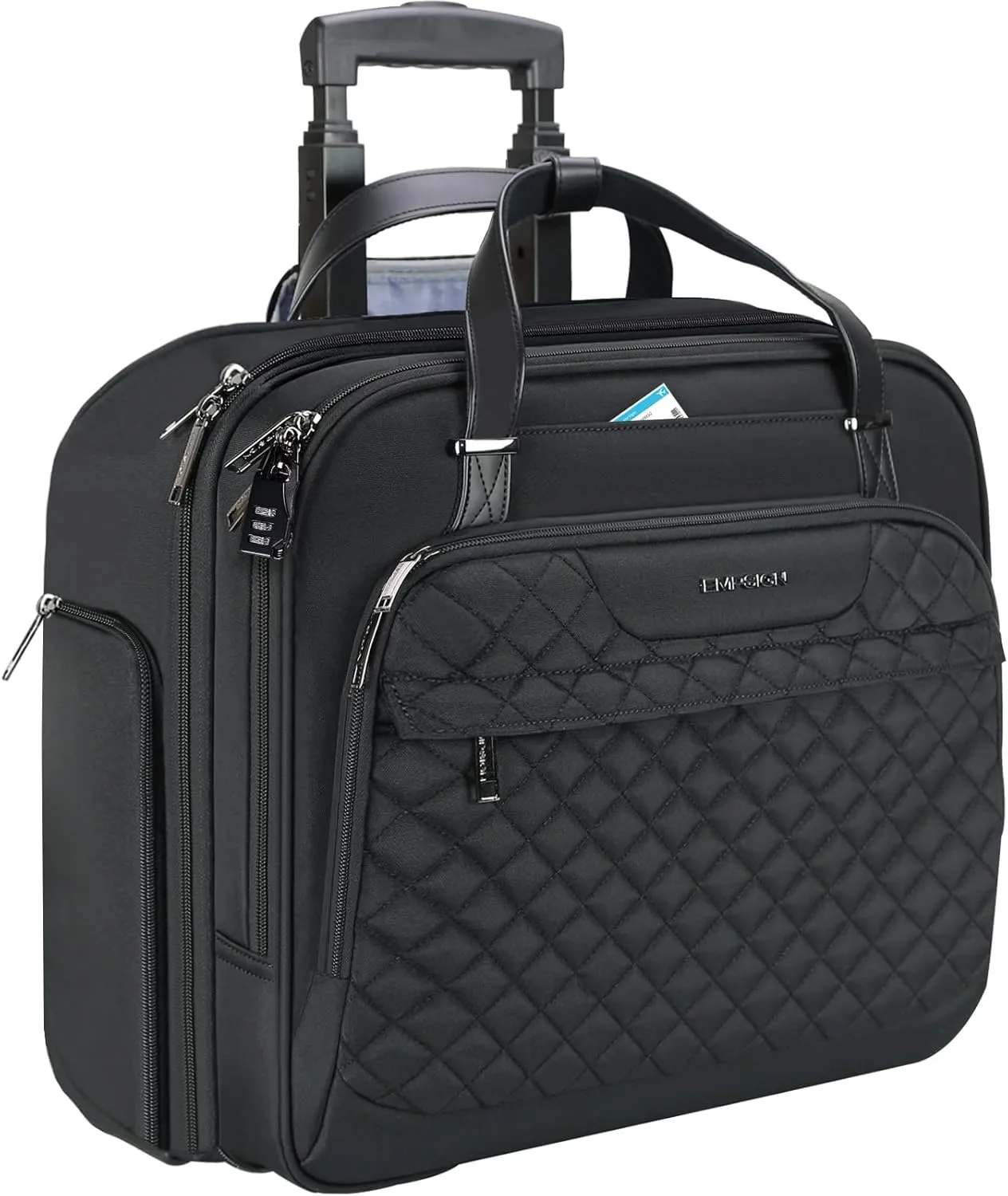EMPSIGN Rolling Bag with Wheels, Briefcase for Women Fits Up to 15.6 Inch Laptop , Water-Repellent Overnight Rolling Computer Bag with RFID Pockets,Black