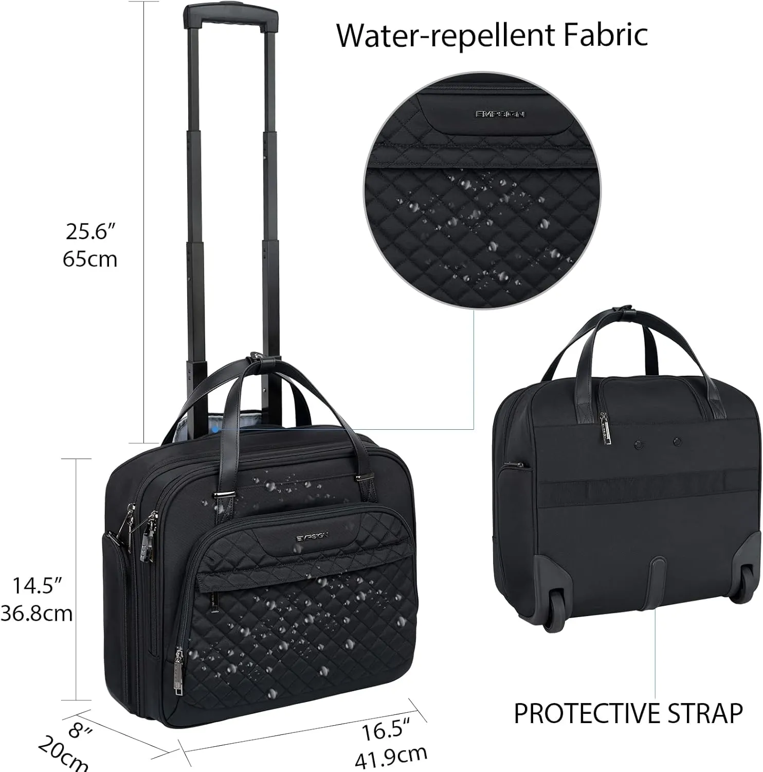 EMPSIGN Rolling Bag with Wheels, Briefcase for Women Fits Up to 15.6 Inch Laptop , Water-Repellent Overnight Rolling Computer Bag with RFID Pockets,Black