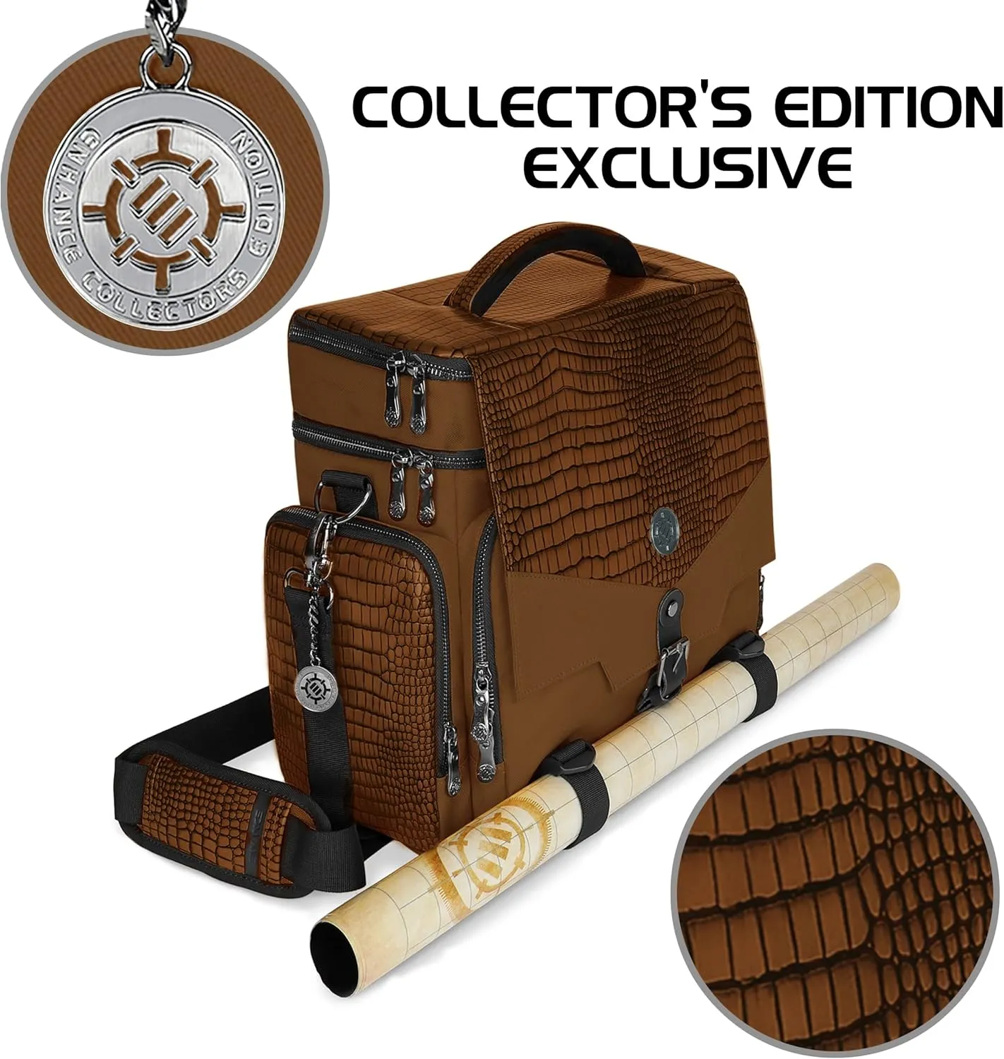 ENHANCE Travel Bag for DND Collector's Edition, Bag Compatible with Dungeons and Dragons, Combat Mat Holder, Dice Pockets and Accessories, Carry 4-8 Books (Brown Dragon)