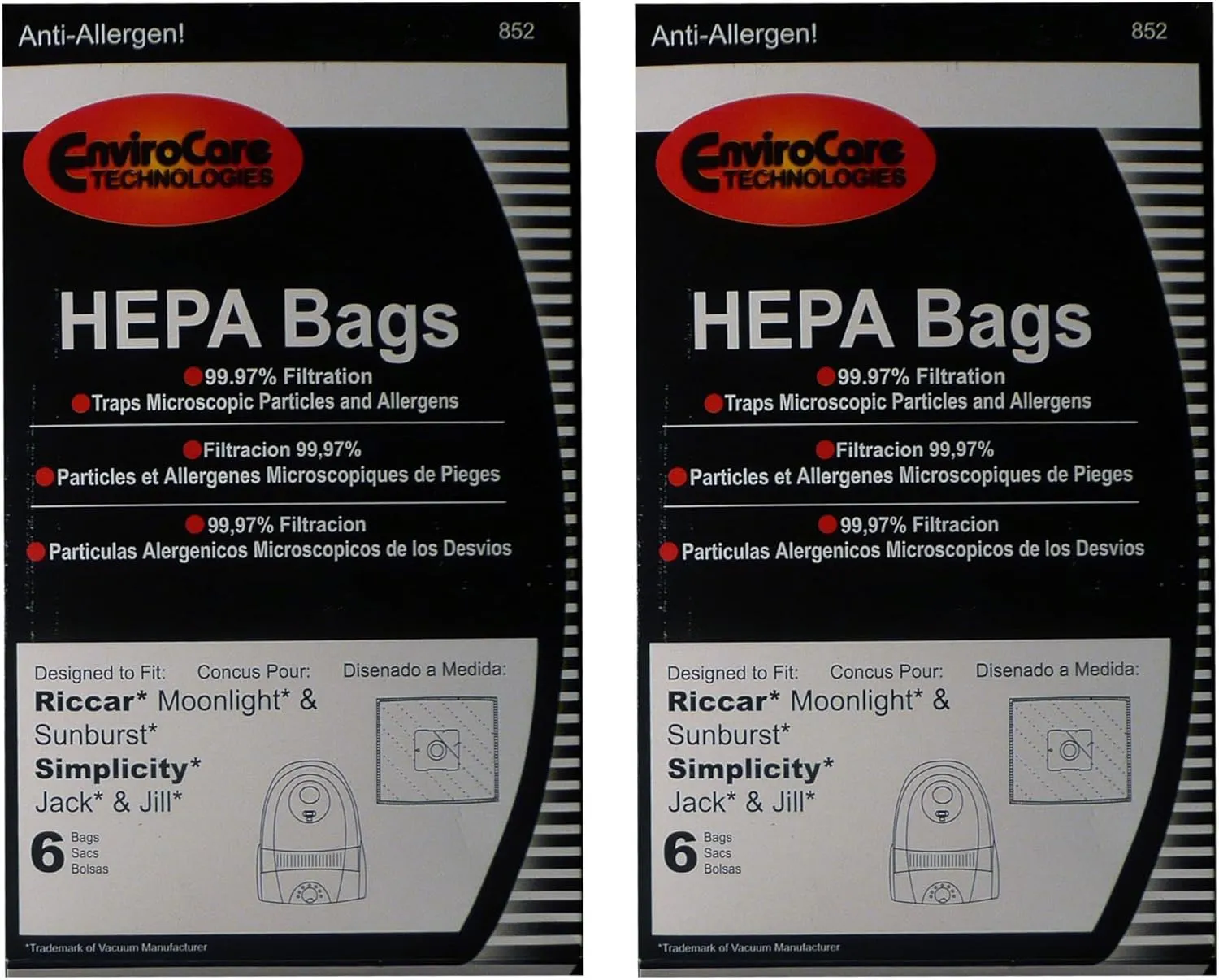 EnviroCare Replacement HEPA Filtration Vacuum Cleaner Dust Bags made to fit Riccar Moonlight and Sunburst. Simplicity Jack and Jill Canisters 12 pack