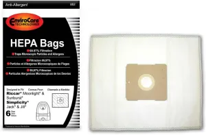 EnviroCare Replacement HEPA Filtration Vacuum Cleaner Dust Bags made to fit Riccar Moonlight and Sunburst. Simplicity Jack and Jill Canisters 6 Pack