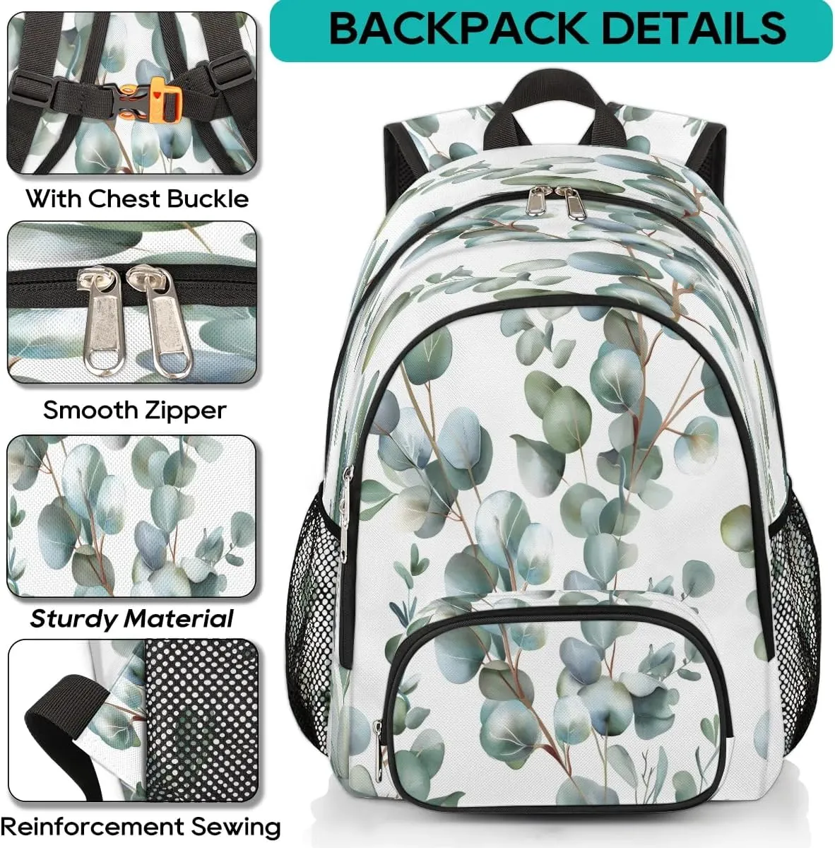 Eucalyptus Leaves Backpack for Women Men Laptop Backpack Work Bag Travel Hiking Camping Summer Leaves Casual Daypack