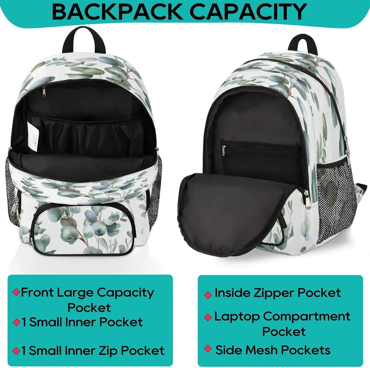 Eucalyptus Leaves Backpack for Women Men Laptop Backpack Work Bag Travel Hiking Camping Summer Leaves Casual Daypack