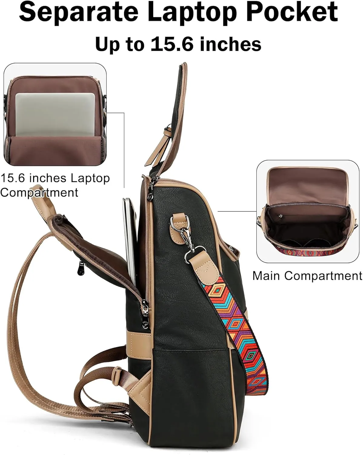 FADEON Laptop Backpack for Women Leather Travel Backpack with Laptop Compartment, Designer PU Shoulder Laptop Bag Black Brown