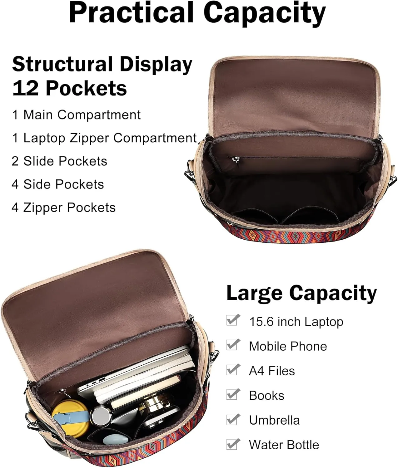 FADEON Laptop Backpack for Women Leather Travel Backpack with Laptop Compartment, Designer PU Shoulder Laptop Bag Black Brown