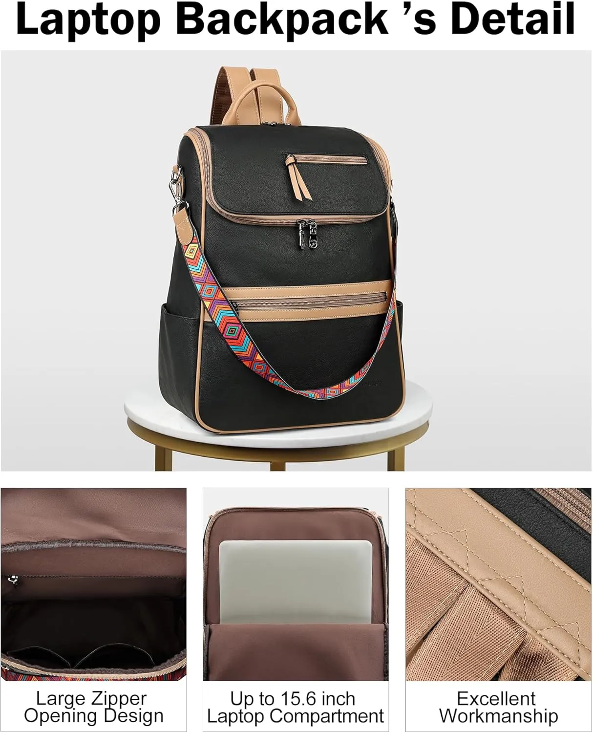 FADEON Laptop Backpack for Women Leather Travel Backpack with Laptop Compartment, Designer PU Shoulder Laptop Bag Black Brown