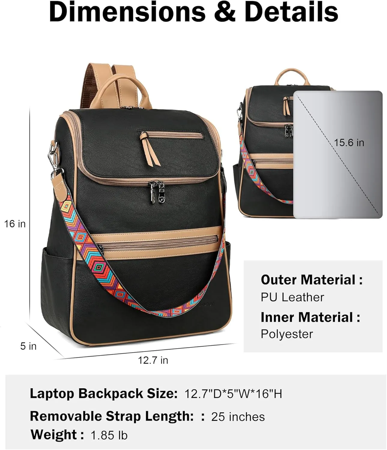 FADEON Laptop Backpack for Women Leather Travel Backpack with Laptop Compartment, Designer PU Shoulder Laptop Bag Black Brown