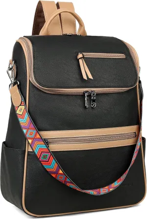 FADEON Laptop Backpack for Women Leather Travel Backpack with Laptop Compartment, Designer PU Shoulder Laptop Bag Black Brown