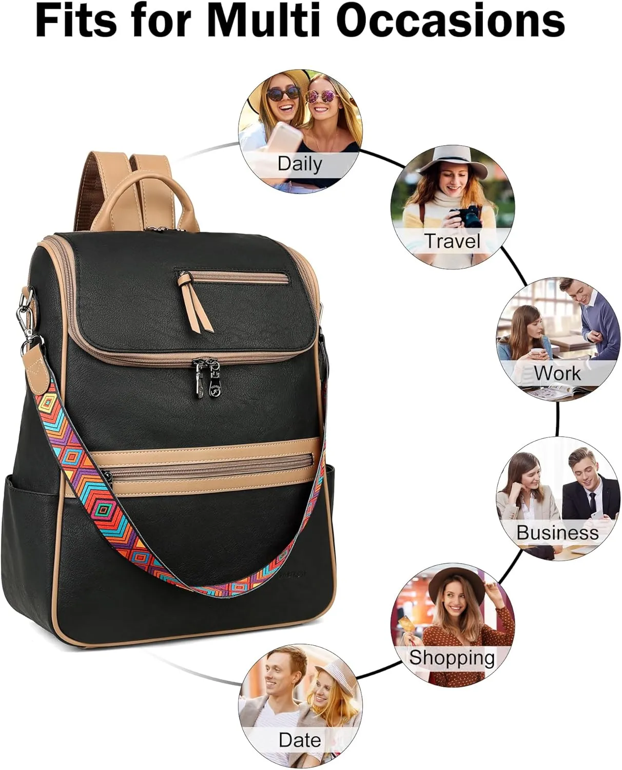 FADEON Laptop Backpack for Women Leather Travel Backpack with Laptop Compartment, Designer PU Shoulder Laptop Bag Black Brown