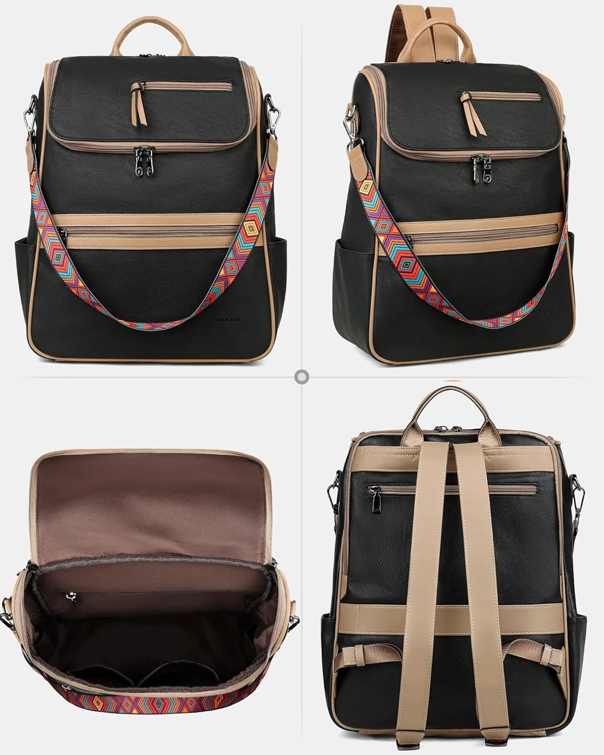 FADEON Laptop Backpack for Women Leather Travel Backpack with Laptop Compartment, Designer PU Shoulder Laptop Bag Black Brown