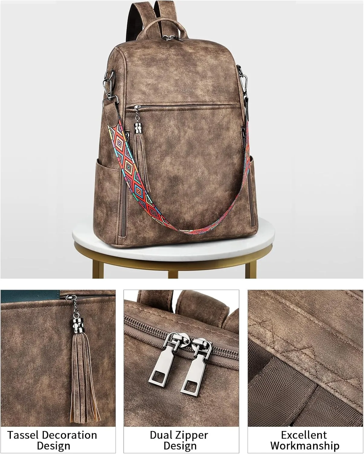 FADEON Leather Laptop Backpack for Women Designer 15.6 inch PU Laptop Bag, Ladies Travel Computer Work Backpack Grey