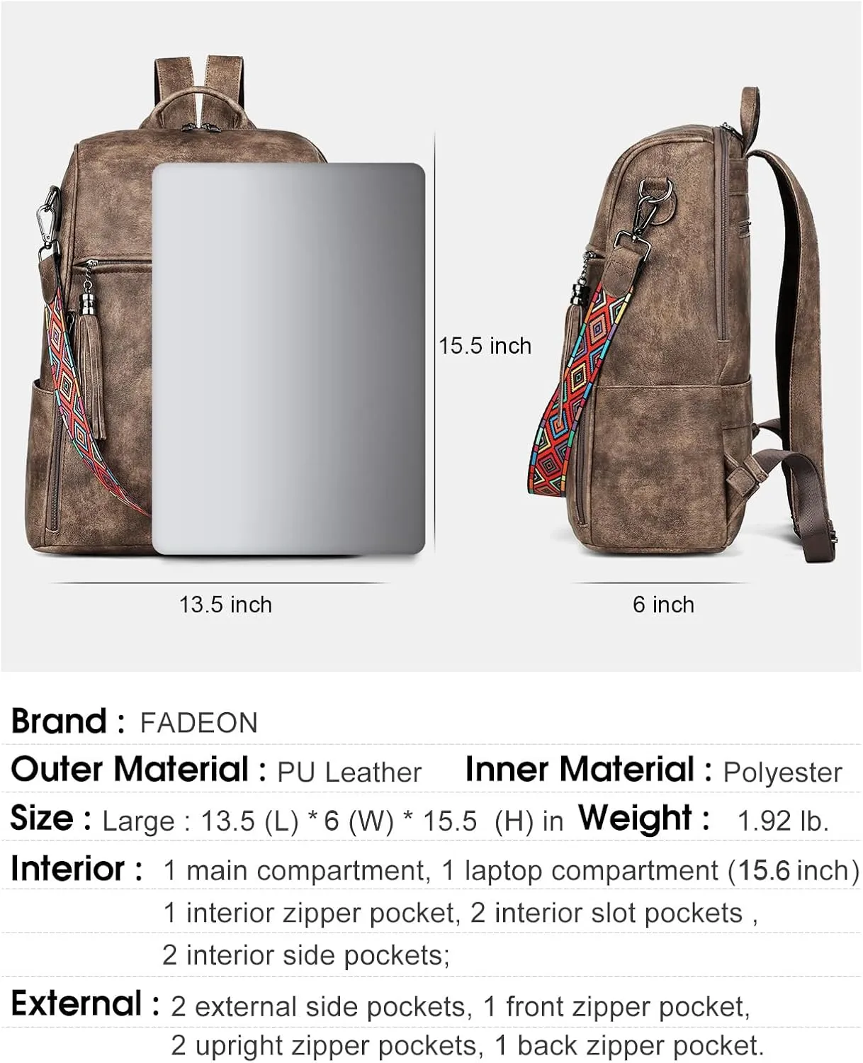 FADEON Leather Laptop Backpack for Women Designer 15.6 inch PU Laptop Bag, Ladies Travel Computer Work Backpack Grey
