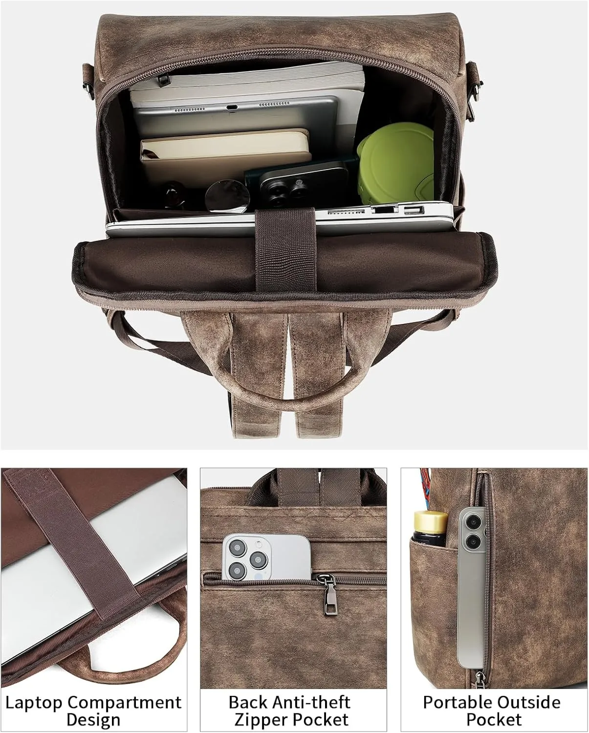 FADEON Leather Laptop Backpack for Women Designer 15.6 inch PU Laptop Bag, Ladies Travel Computer Work Backpack Grey