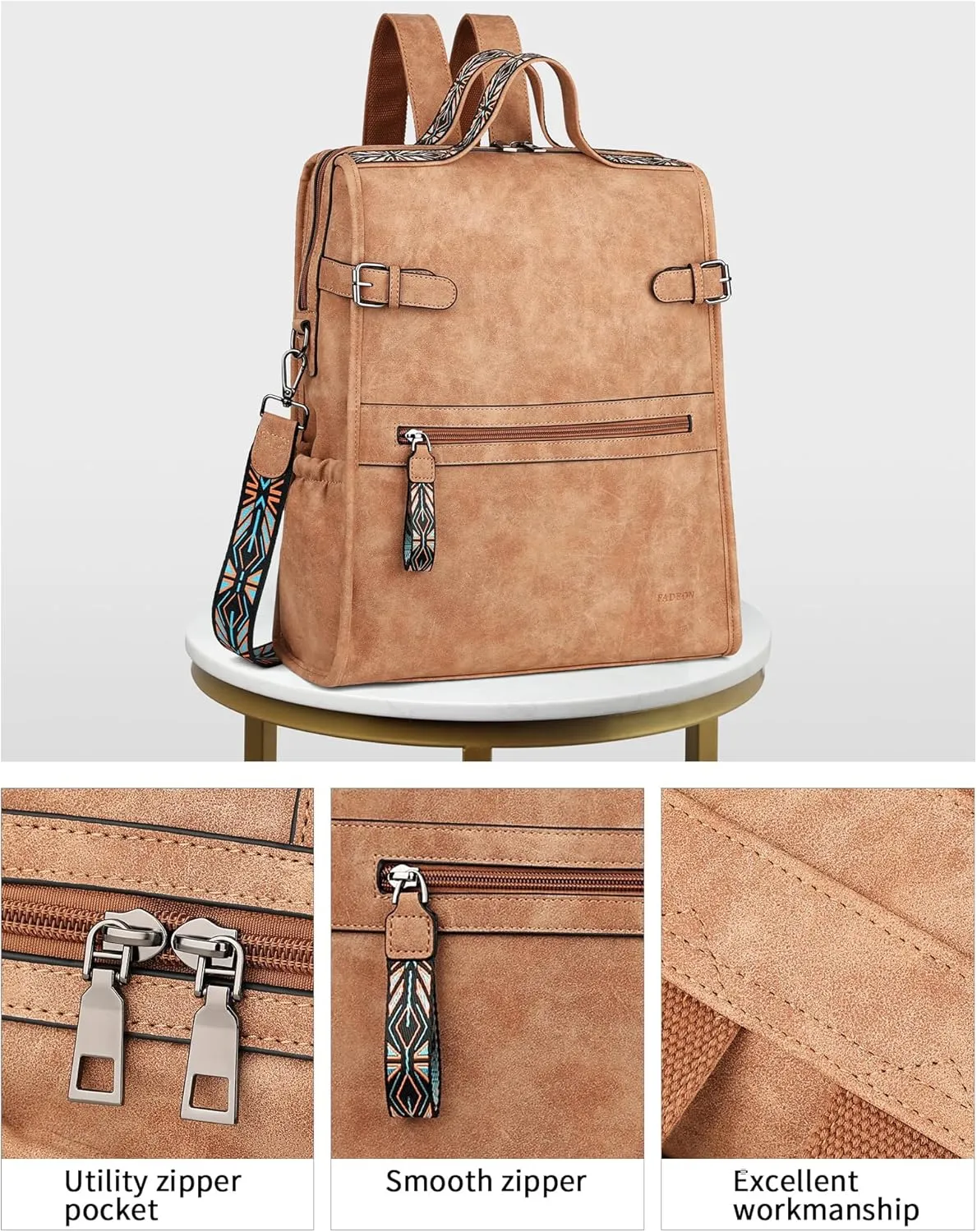 FADEON Leather Laptop Backpack for Women, Designer Ladies Work Travel Computer Backpack with Laptop Compartment Suede Brown