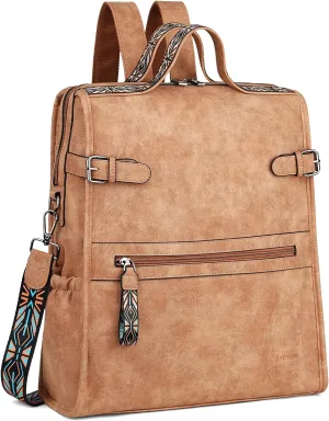 FADEON Leather Laptop Backpack for Women, Designer Ladies Work Travel Computer Backpack with Laptop Compartment Suede Brown
