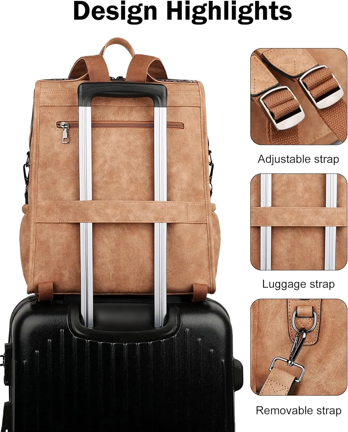 FADEON Leather Laptop Backpack for Women, Designer Ladies Work Travel Computer Backpack with Laptop Compartment Suede Brown