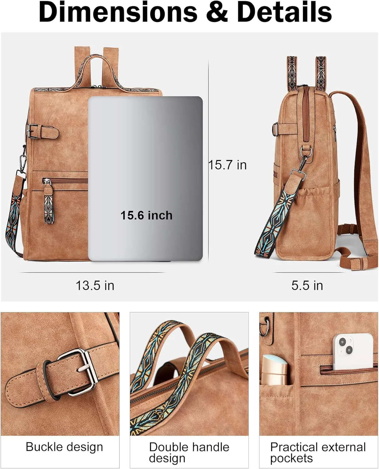 FADEON Leather Laptop Backpack for Women, Designer Ladies Work Travel Computer Backpack with Laptop Compartment Suede Brown