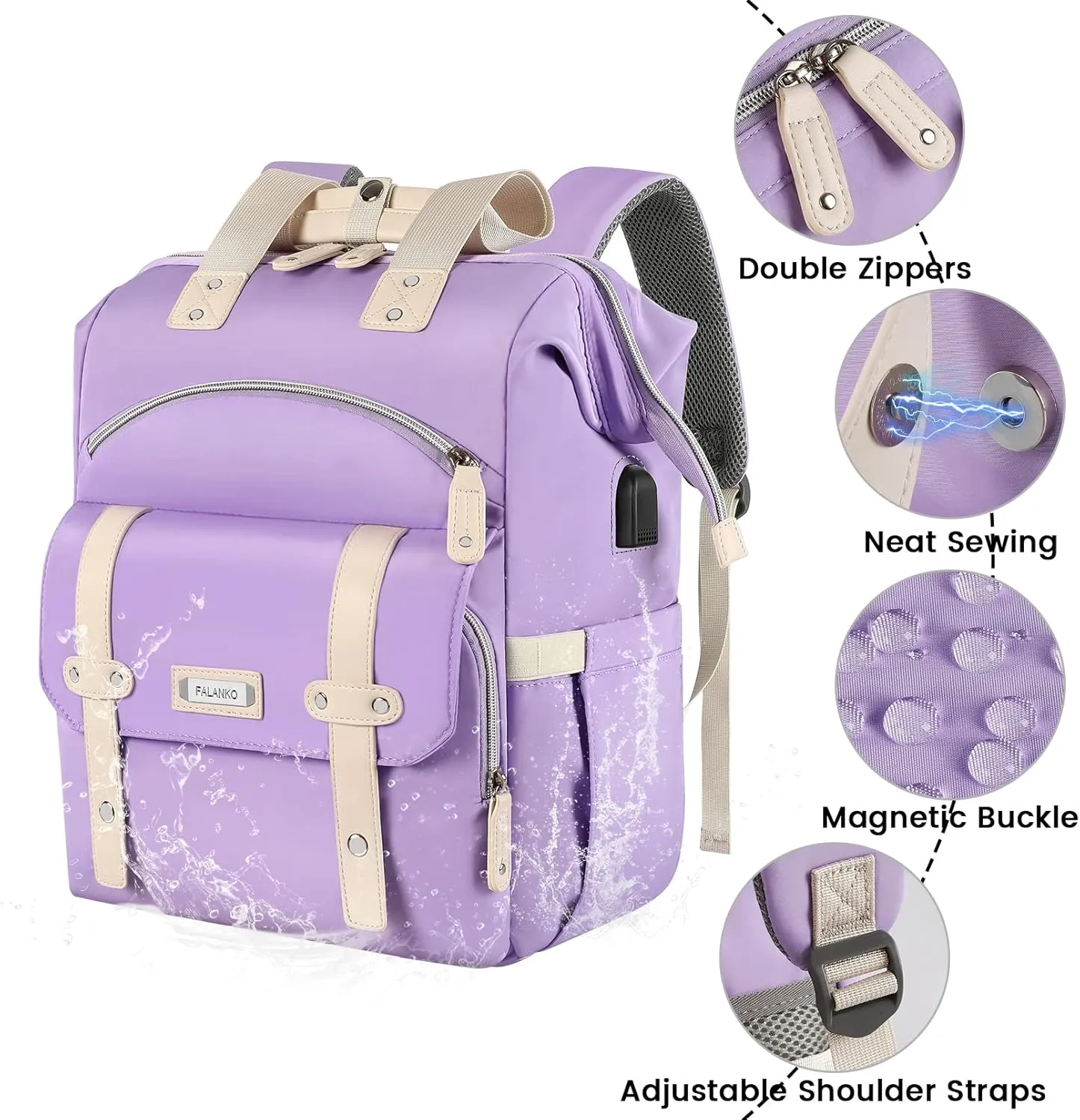 FALANKO Laptop Backpack for Women, Anti Theft Backpacks with USB Charging Port RFID Anti Theft Water Resistant,Wide Top Open Work Teacher College Travel Computer Bag for Woman Fits 15.6 Inch Purple