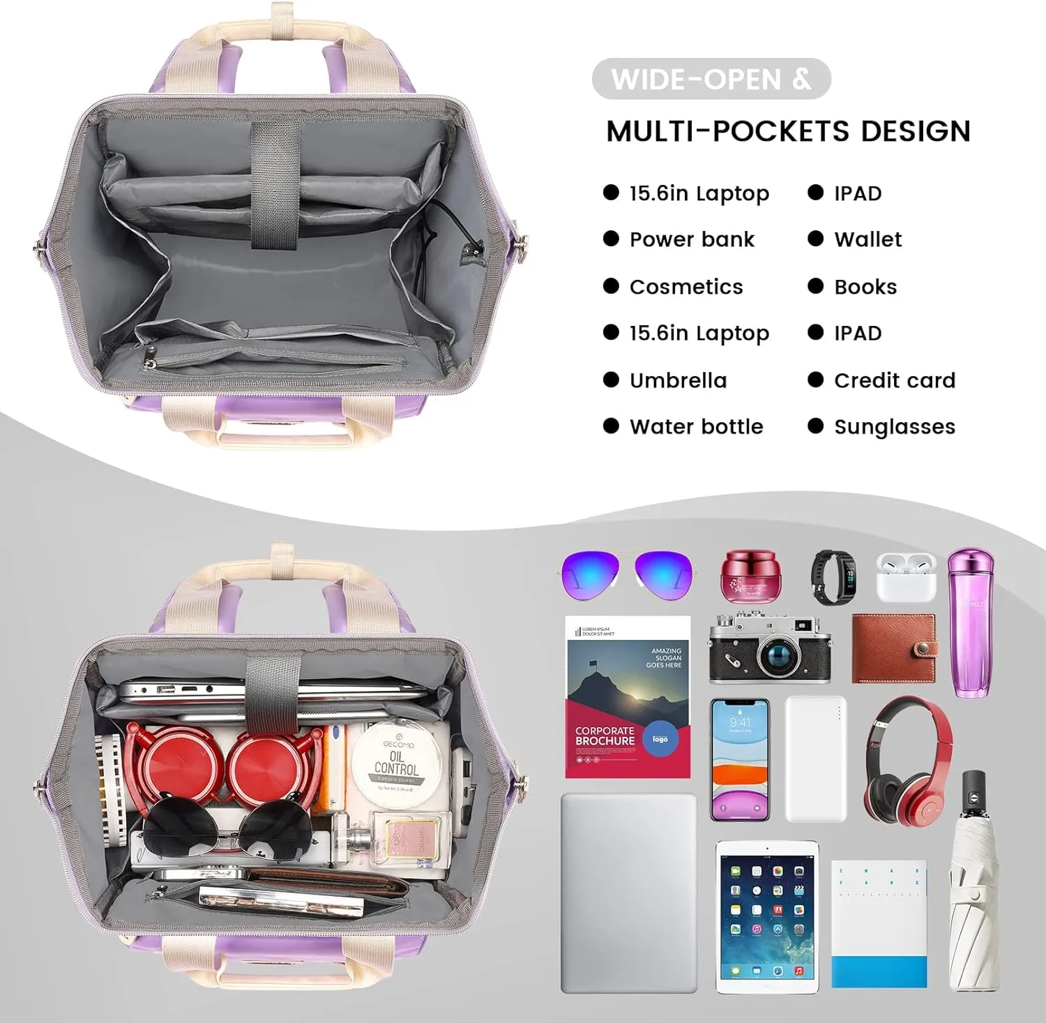 FALANKO Laptop Backpack for Women, Anti Theft Backpacks with USB Charging Port RFID Anti Theft Water Resistant,Wide Top Open Work Teacher College Travel Computer Bag for Woman Fits 15.6 Inch Purple