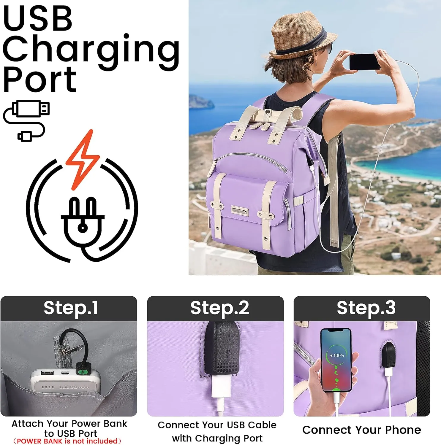 FALANKO Laptop Backpack for Women, Anti Theft Backpacks with USB Charging Port RFID Anti Theft Water Resistant,Wide Top Open Work Teacher College Travel Computer Bag for Woman Fits 15.6 Inch Purple