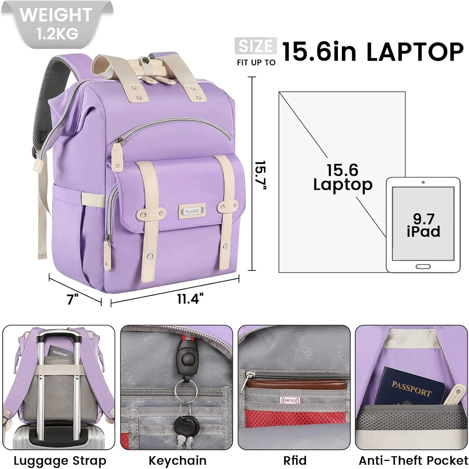 FALANKO Laptop Backpack for Women, Anti Theft Backpacks with USB Charging Port RFID Anti Theft Water Resistant,Wide Top Open Work Teacher College Travel Computer Bag for Woman Fits 15.6 Inch Purple